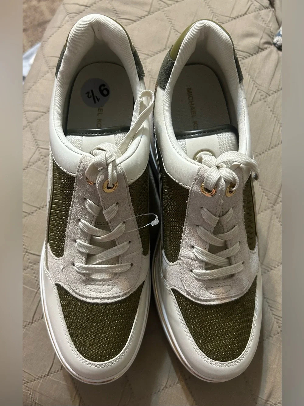Michael Kors Emmy Mixed Media Wedge Trainer Sneaker Husk Olive Gold 9.5